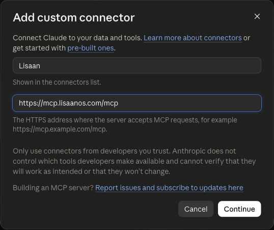 نافذة Add custom connector في Claude وفيها اسم Lisaan ورابط الربط وزر Continue
